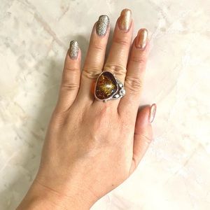925 Sterling Freeform Amber Gemstone Genuine Ring